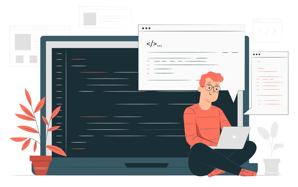 Eine Person sitzt mit einem Laptop auf dem Boden. Der Bildschirm zeigt Programmiercode, während Blasen mit weiteren Codezeilen darüber schweben. Eine Pflanze steht daneben.