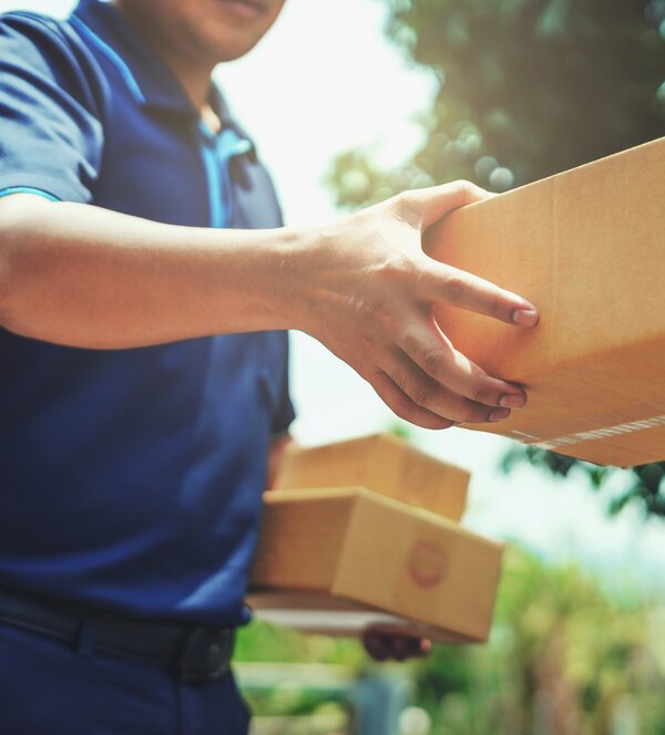 Ein Zusteller übergibt ein Paket an eine andere Person. Beide Hände sind sichtbar, während im Hintergrund Bäume zu sehen sind.